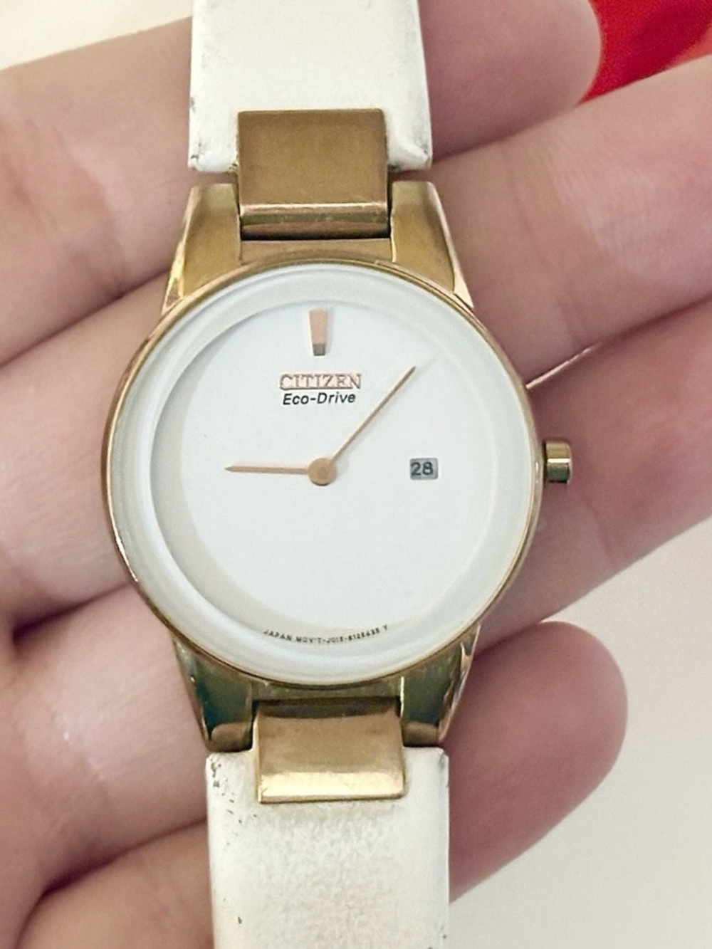 Women’s Citizen Eco-Drive Axiom Rose-Gold Day/Date Watch WORKS! w/ White Leather